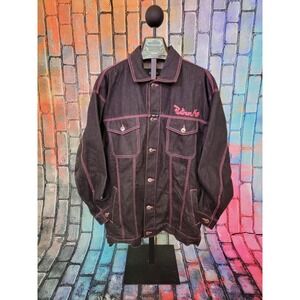 *VTG* Men's 90s Platinum Nova Jeans Black Denim Jacket with Pink Embroidery 3XL